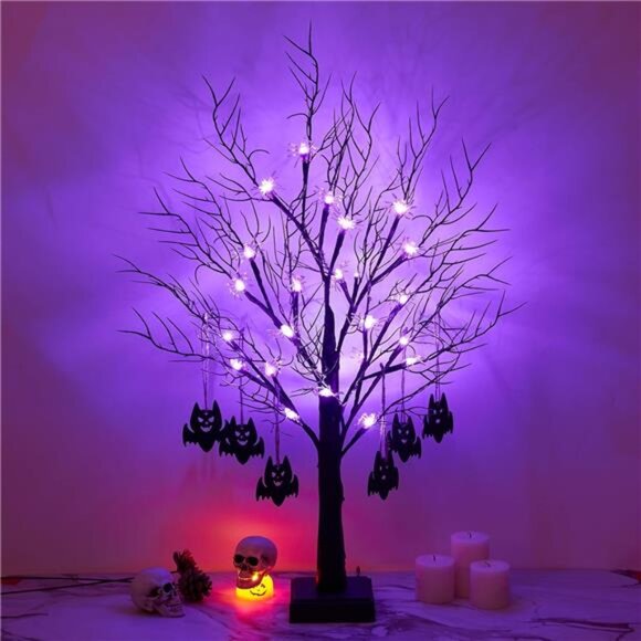 2FT Black Halloween Tree, Spooky Tree with 20 Spider & 24 Purple Lights - Picture 1 of 7